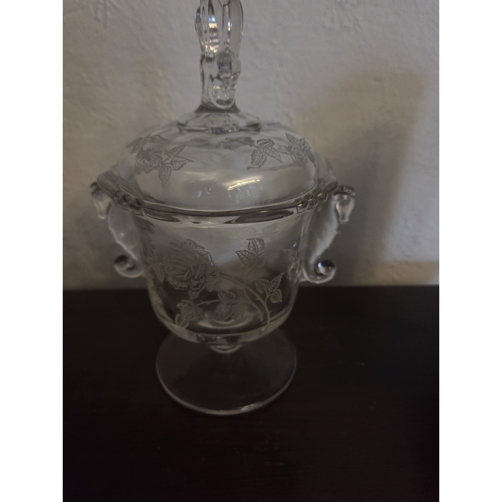 Heisey Rose #1519 High Footed Candy Dish with Seahorse Handles and Plume Finial